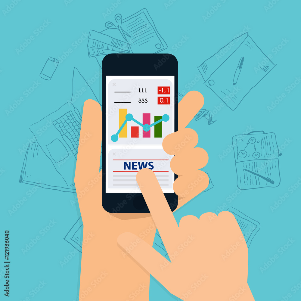 Hand holding mobile smart phone with business application. Flat Hand holding mobile smart phone with business application. Flat