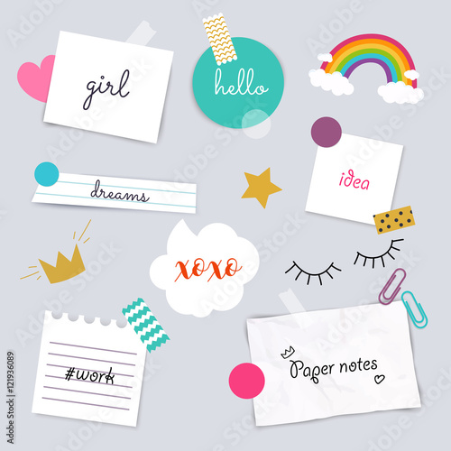 Stickers and note papers collection. Different scraps of paper s