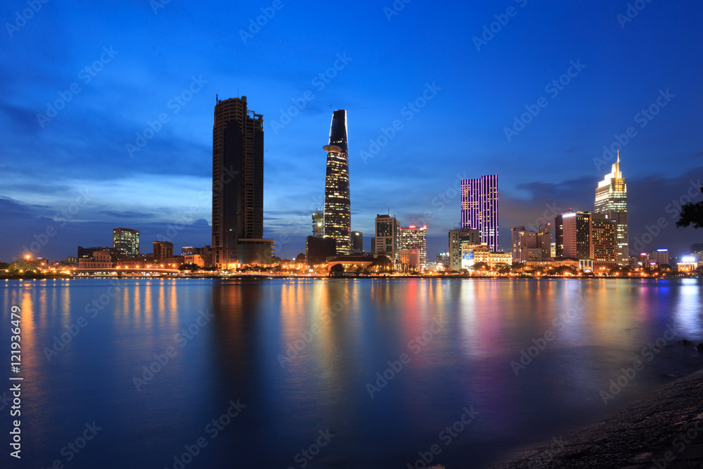Naklejka premium Ho Chi Minh Riverside view colorful night in Sai Gon, Vietnam