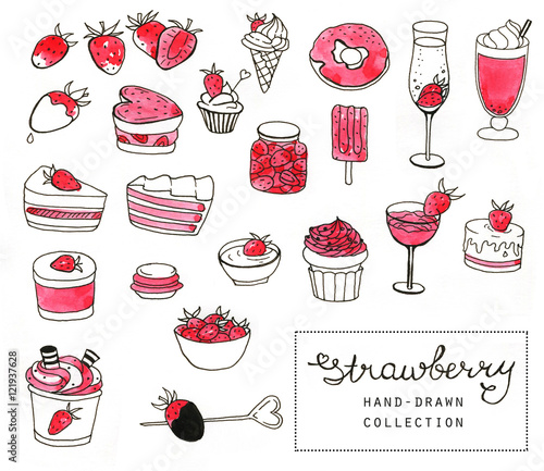 Hand-drawn ink and watercolor collection of the different strawberry dishes and desserts. Line art set of the food icons.