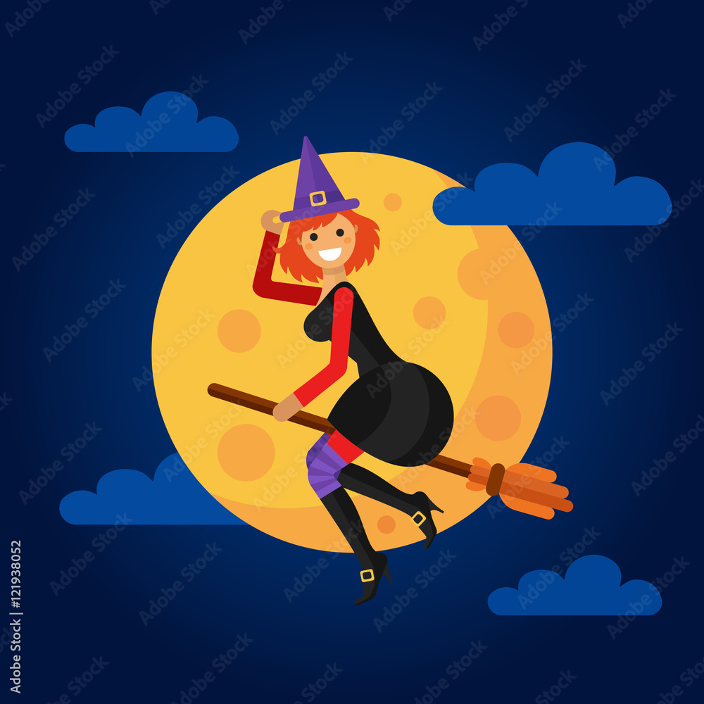 Flat design vector illustration of beautiful smiling witch flying on the broom in front of a full yellow moon. Including night sky, clouds, hat, boots, stockings. Halloween gift card or banner.