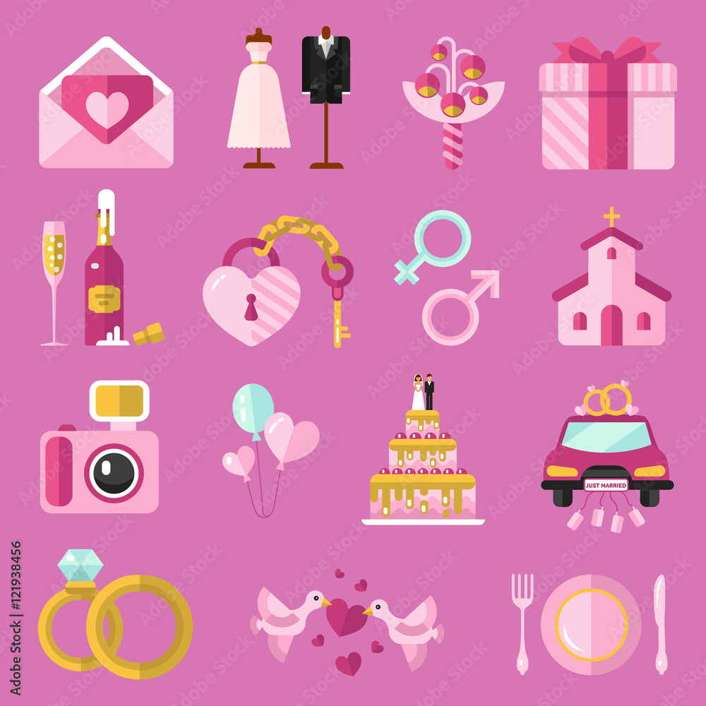 Flat design vector icons set of wedding or marriage. Invitation, bridal bouquet, rings, champagne, bride and groom clothing, cake, gift box, lock and key, birds, car, food, church, camera. Flat design vector icons set of wedding or marriage. Invitation, bridal bouquet, rings, champagne, bride and groom clothing, cake, gift box, lock and key, birds, car, food, church, camera.