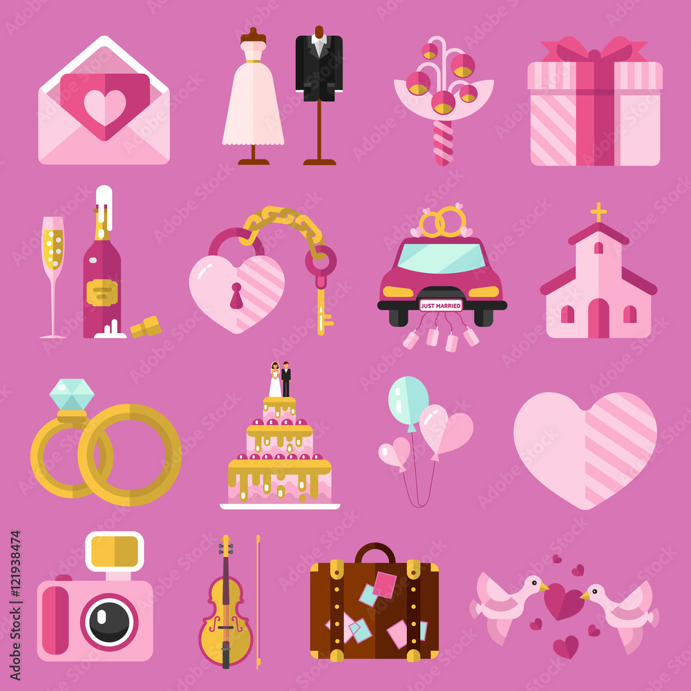 Flat design vector icons set of wedding or marriage. Invitation, bridal bouquet, rings, champagne, bride, groom, cake, gift box, lock and key, birds, car, music, church, heart, camera, baggage. Flat design vector icons set of wedding or marriage. Invitation, bridal bouquet, rings, champagne, bride, groom, cake, gift box, lock and key, birds, car, music, church, heart, camera, baggage.