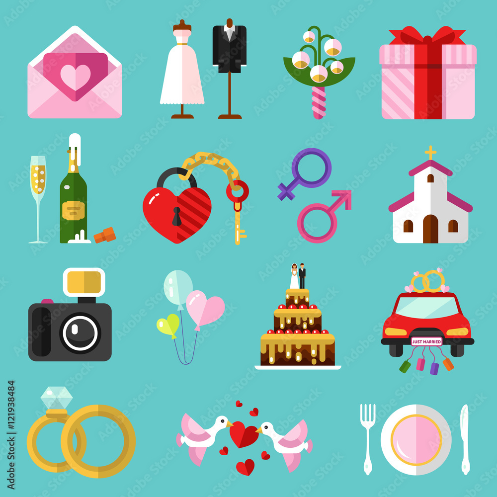 Flat design vector icons set of wedding or marriage. Invitation, bridal bouquet, rings, champagne, bride and groom clothing, cake, gift box, lock and key, birds, car, food, church, camera. Flat design vector icons set of wedding or marriage. Invitation, bridal bouquet, rings, champagne, bride and groom clothing, cake, gift box, lock and key, birds, car, food, church, camera.