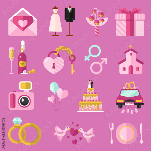 Flat design vector icons set of wedding or marriage. Invitation, bridal bouquet, rings, champagne, bride and groom clothing, cake, gift box, lock and key, birds, car, food, church, camera.