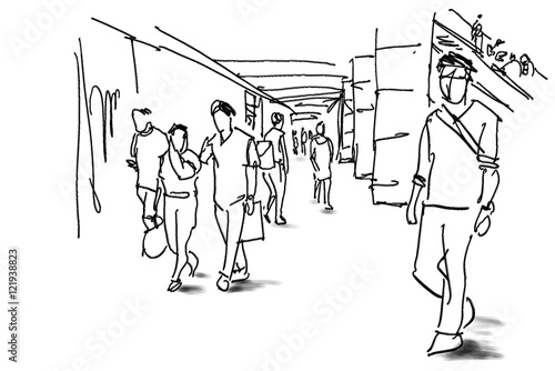 people walking in shopping mall free hand sketch