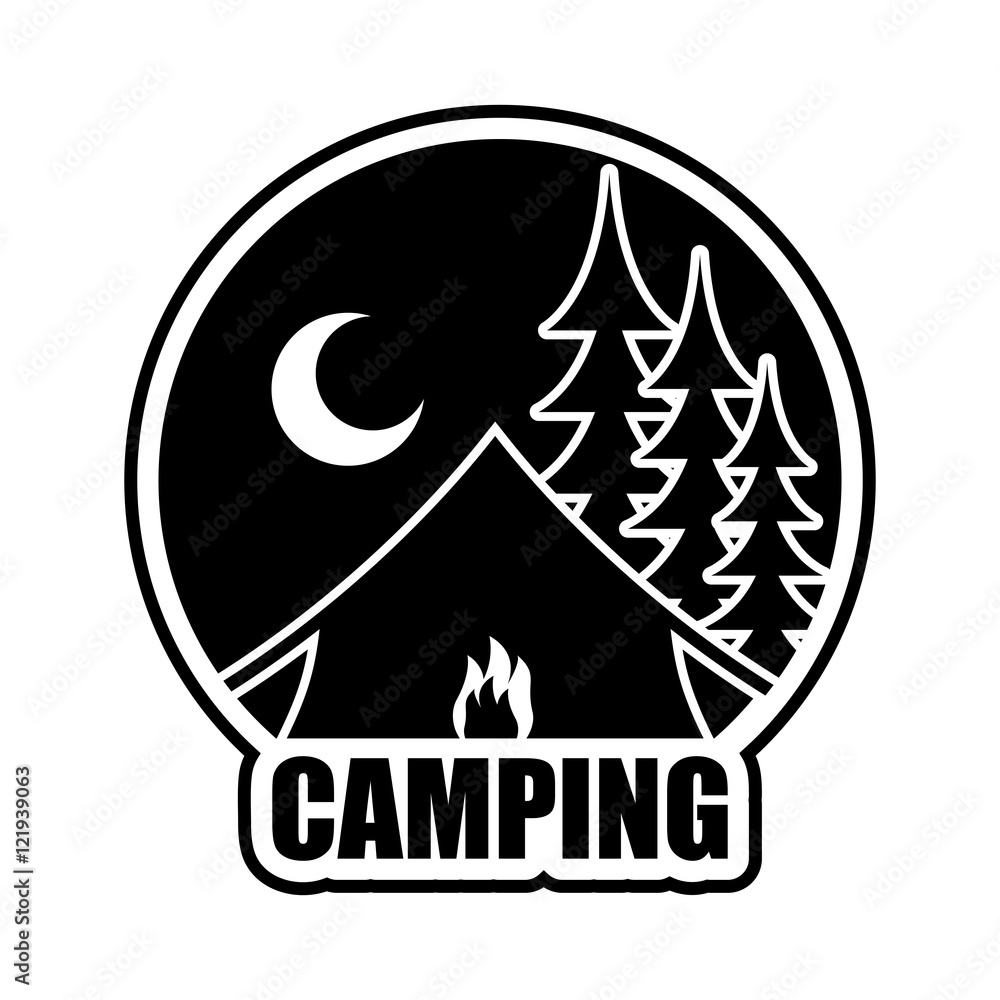 Night logo. Emblem for accommodation camp. Landscape wit Stock Adobe Stock