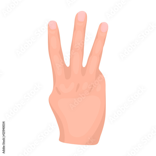 Three fingers icon in cartoon style isolated on white background. Hand gestures symbol stock vector illustration.