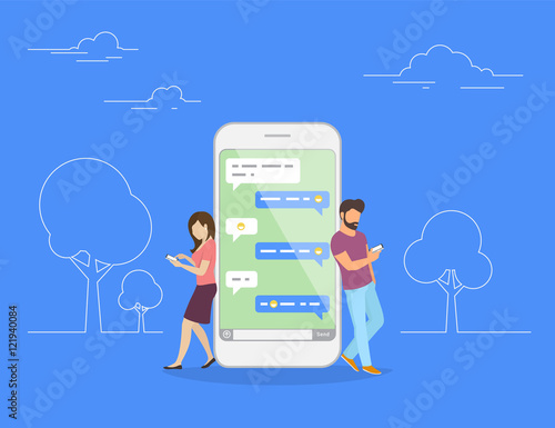 Chat talk concept illustration of young people using mobile smartphone for sending messages to each other. Flat design of guy and woman standing near big smartphone with speech bubbles in chat