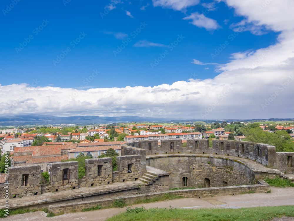 View of the city over the wall at Carcassone Castle - France