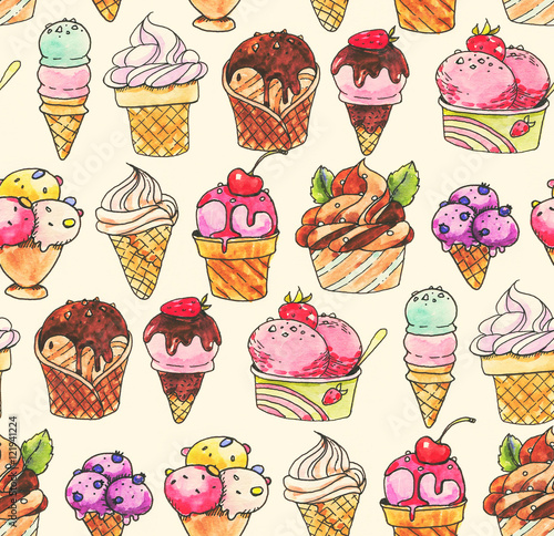 Doodle seamless colorful pattern with different line art ice cream. Repeated background with sweet dessert.