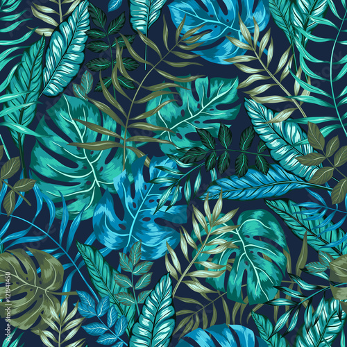 Tapety bezproblemowa grafika artystyczny tropikalny wzór dżungli, nowoczesny stylowy tło liści z nadrukiem z liści, filodendronu, liści palmowych, paproci