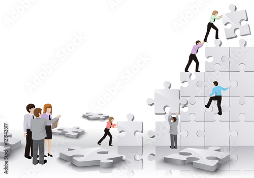 Business People Team Build A Puzzle - Isolated On White Background. Graphic Design Vector Illustration. For Web, Websites, Print Material, Business Concept