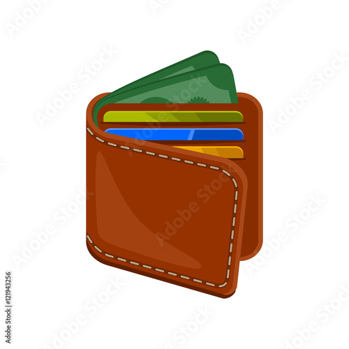 Wallet with plastic credit bank cards and money. Brown leather purse full of cash and cards. Vector icon illustration isolated on white background.