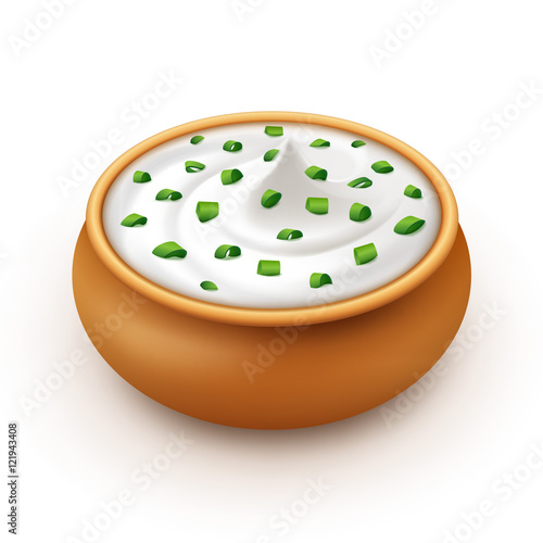 Ceramic Pot of Sour Cream Sauce Tartar Mayonnaise with Chopped Green Onion Close up Isolated on Background