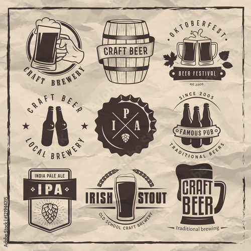 Vector craft beer labels and logos. Set of retro beer badges on a retro paper background