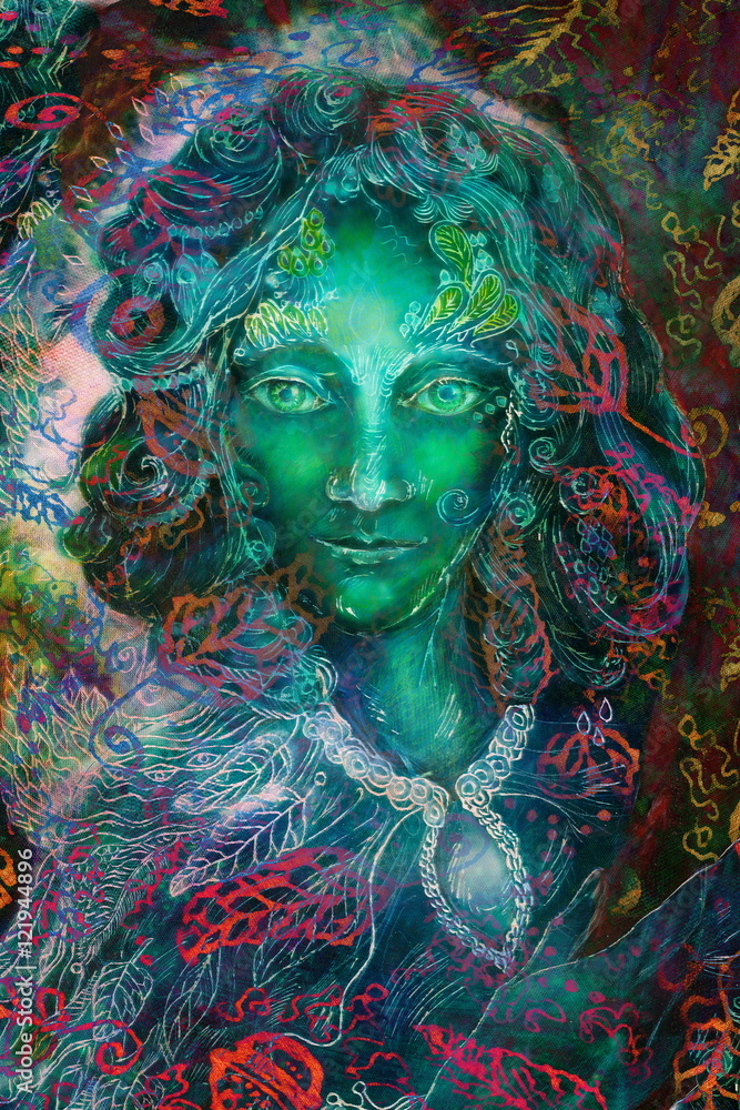 green fantasy fairy spirit with leaf ornaments, illustration collage