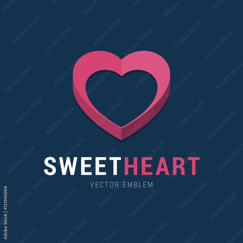 Sweet Heart emblem with 3d effect. Pink heart logo in flat simple style. Vector illustration for social network, medical clinic and others.