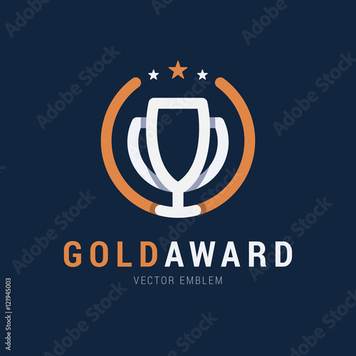 Gold Award emblem with trendy overlapping effect with shadows. The award for first place in the competition. Vector line logo in simple flat style.