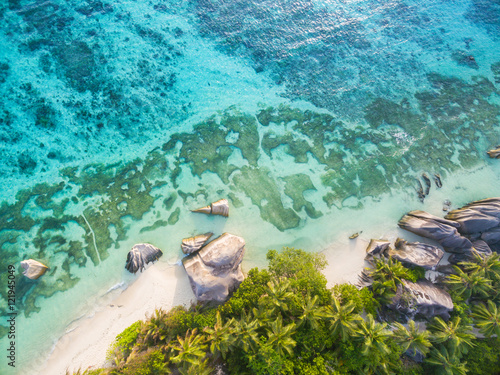 Aerial photo of Seychelles beach at La Digue photo