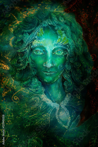 Beautiful fantasy emerald green fairy portrait, colorful close up painting, eye contact photo