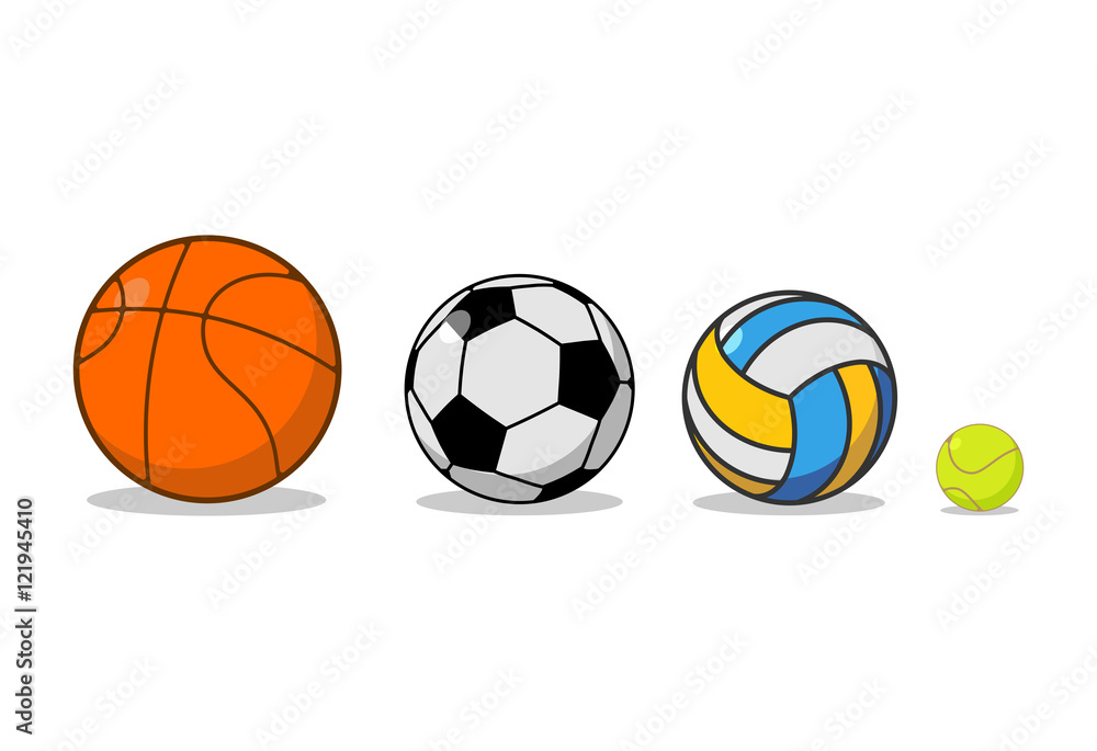 Sports ball set. Basketball and football. Tennis and volleyball.