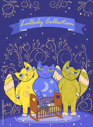 Three cute fairy cats lull a child. Border or cover design