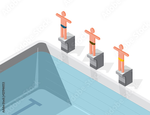 Swimming pool with swimmers, isometric. Sportsmen on springboard prepare to swim in water. Race swimmers start to jump. Sport article illustration. Pictogram 3d element. Flatten isolated master vector