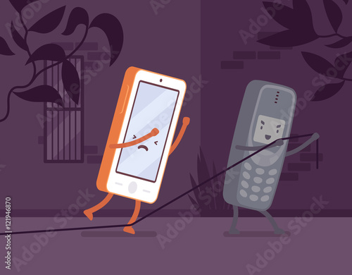 Old phone is making a trap on the street for a new smartphone. Cartoon vector flat-style concept illustration