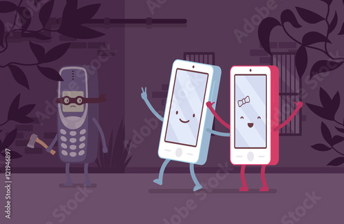 Old phone is attacking from the corner new smartphones. Cartoon vector flat-style concept illustration
