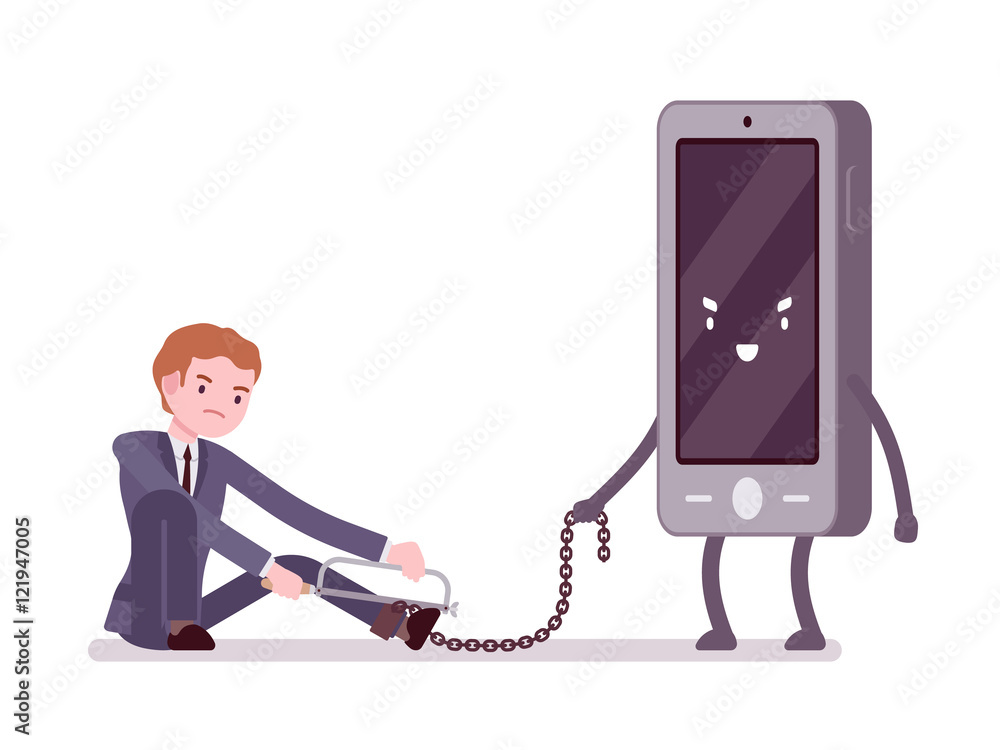 Man is slaved by his smartphone and trying to break the chain with a