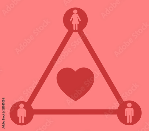 Love triangle - violation of monogamy - cheating and infidelity, polygamy and polyamory, having mistress and lover, jealousy and sharing beloved person. Simple vector illustration