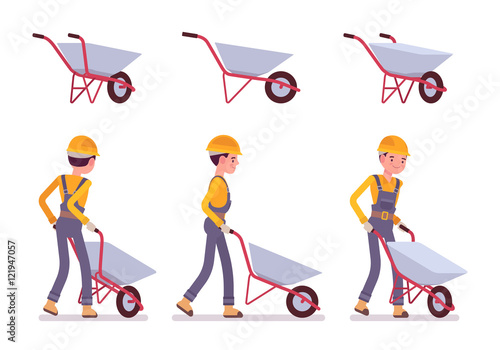 Set of wheelbarrow and builder isolated against white background. Cartoon vector flat-style illustration
