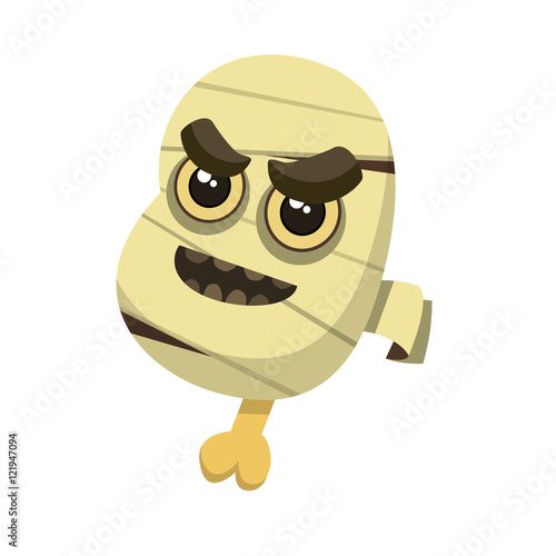 Angry head of mummy with backbone, open mouth and bandage or gauze