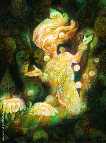 magical radiant fairy spirit in forest dwelling making floating lights
