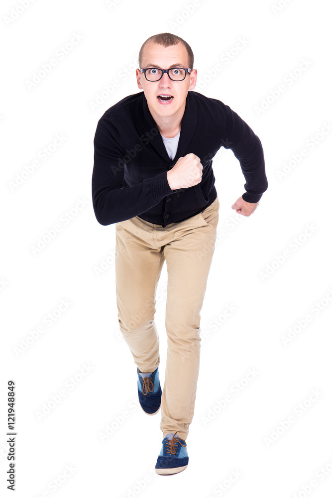 front view of cheerful young man student or office worker runnin front view of cheerful young man student or office worker runnin