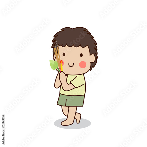 Buddhist boy walking with lighted candles in hand around a temple to pay respect to the Triple Refuges (Buddha, Dhamma, Sangha) vector illustration. Isolated on white background.