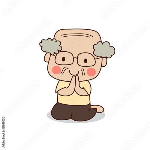 Buddhist elderly man sitting and paying respect to the Buddha vector illustration. Isolated on white background.