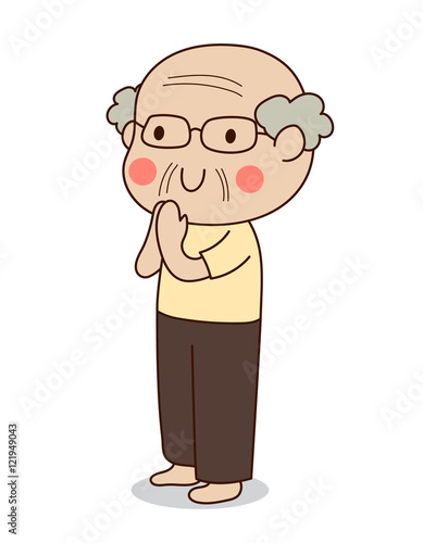 Buddhist elderly man standing and paying respect to the Buddha vector illustration. Isolated on white background.