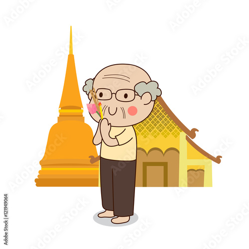 Buddhist elderly man walking with lighted candles in hand around a temple to pay respect to the Triple Refuges (Buddha, Dhamma, Sangha) vector illustration. Isolated on white background.
