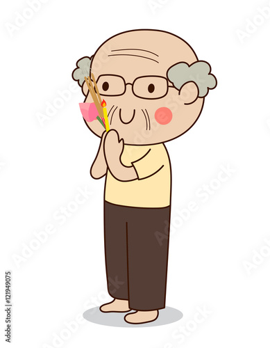 Buddhist elderly man walking with lighted candles in hand around a temple to pay respect to the Triple Refuges (Buddha, Dhamma, Sangha) vector illustration. Isolated on white background.