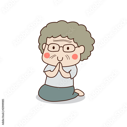 Buddhist elderly woman sitting and paying respect to the Buddha vector illustration. Isolated on white background.