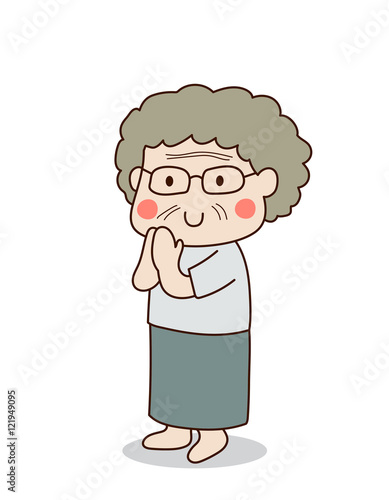 Buddhist elderly woman standing and paying respect to the Buddha vector illustration. Isolated on white background.