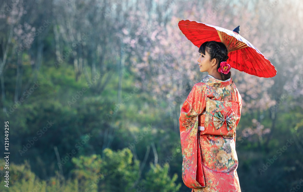 Fototapeta Azjatycka kobieta jest ubranym tradycyjnego japońskiego kimono, Sakura tło