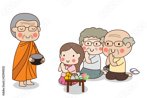 Buddhist monk holding alms bowl in his hands to receive food offering from sitting girl and sitting elderly couple.