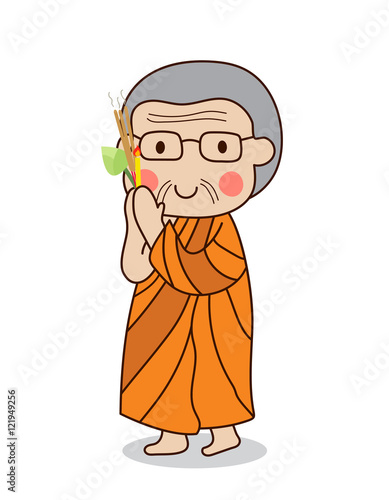 Buddhist monk walking with lighted candles in hand around a temple to pay respect to the Triple Refuges (Buddha, Dhamma, Sangha) vector illustration. Isolated on white background.