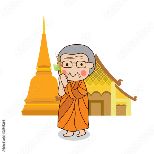 Buddhist monk walking with lighted candles in hand around a temple to pay respect to the Triple Refuges (Buddha, Dhamma, Sangha) vector illustration. Isolated on white background.