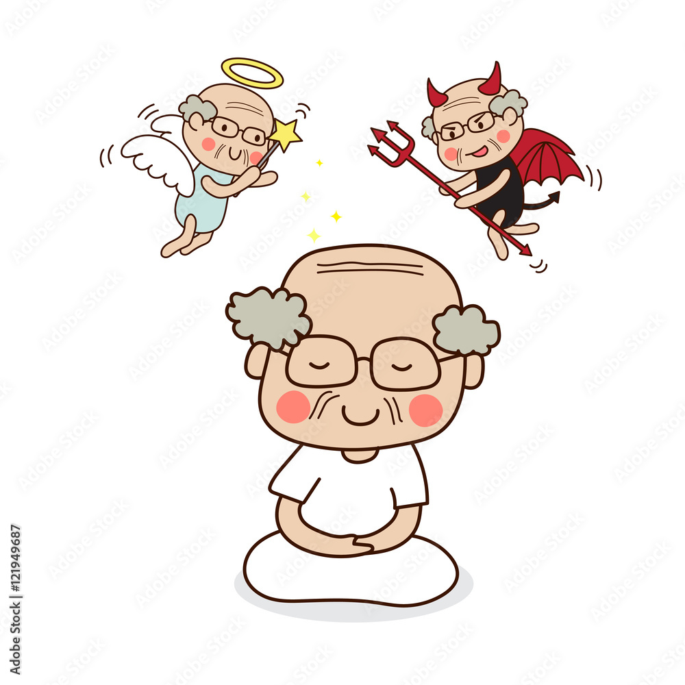 Obraz premium An elder male meditating. Angel and devil.