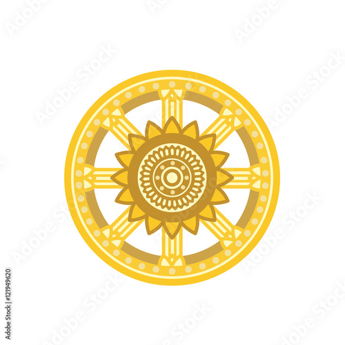 Dharma Wheel Dharmachakra Icon. Buddhism symbol. Isolated on white background.