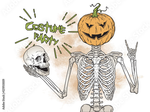 Human skeleton with halloween pumpkin instead of head isolated posing over grunge background vector illustration. Halloween costume party flyer design